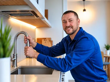 Professional plumber working on kitchen faucet